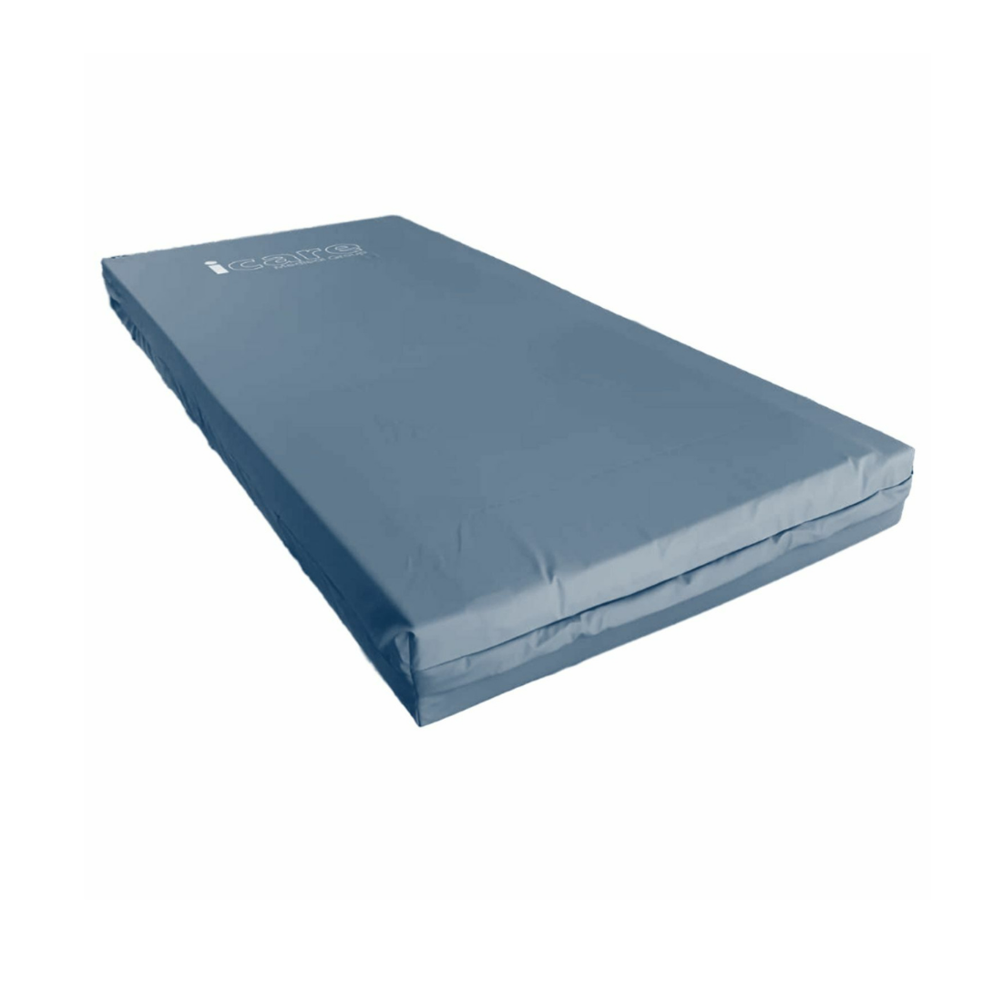 The iCare Mattress Protectors & Covers is a rectangular blue waterproof protector with a smooth surface, visible seams, and a small white logo at the top corner, combining style and mattress hygiene against a white background.